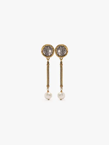 Bicolor Medal Earrings With Bar And Freshwater Pearls 251087 — image 1