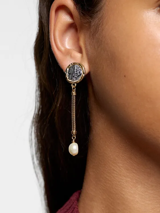 Bicolor Medal Earrings With Bar And Freshwater Pearls 251087 — image 3